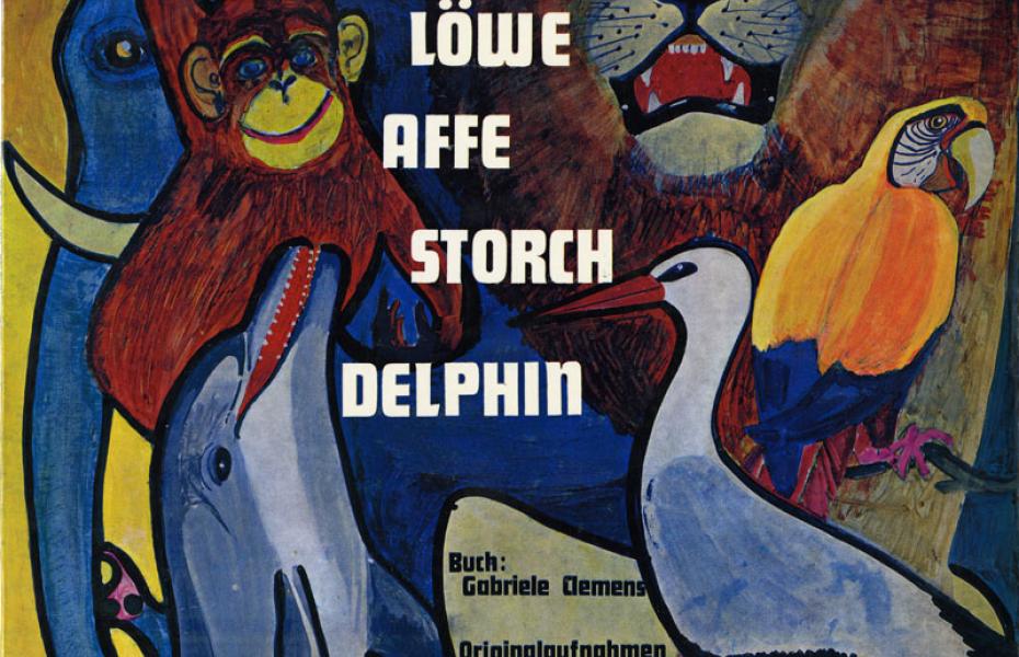 Affe, Löwe, Storch, Delphin